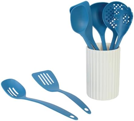 Glad Kitchen Utensils Set, 8pcs - Nonstick Cooking Tools with Utensil Holder - Nylon Spoon, Ladle, Skimmer, Spaghetti Server, and Turner Spatula Set - Dishwasher Safe, Blue