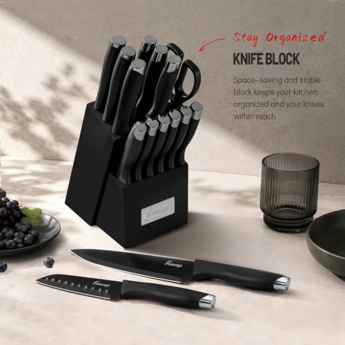 15 PCS Black Knife Set for Kitchen with Block, Built-In Sharpener