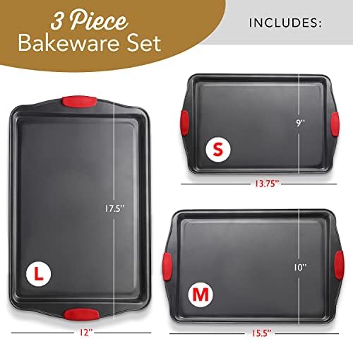 Eatex Nonstick Baking Sheet Set, 3-Piece Baking Pans Set with Silicone Handles, Carbon Steel Cookie Sheets for Baking, Commercial Grade Quality Oven Tray, Quarter/Jelly Roll/Half Sheet Pans for Baking