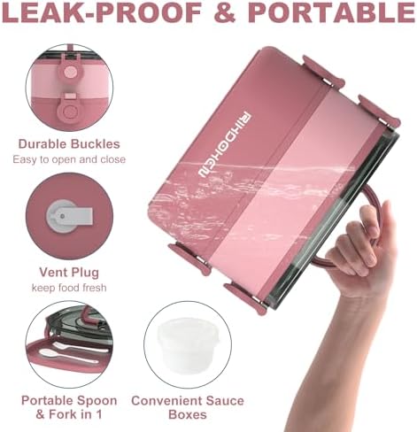 RIKDOKEN Lunch Box, Stackable 2 Layers Containers, Portable 64OZ Large Capacity Leakproof Bento Box with Spoon & Fork & Sauce Boxes, Microwave Safe Lunch Box for Kids and Adults