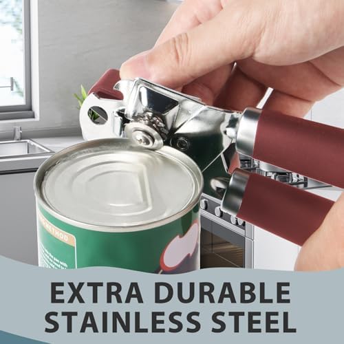 Safring Can Opener Manual, Heavy Duty Handheld Strong Can Opener with Soft Touch Handle, Sharp Blade Smooth Edge, Can Openers with Multifunctional Bottle Opener, Red