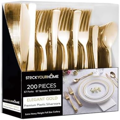 Gold Plastic Silverware Set (200-Pack) – Disposable Heavy Duty Cutlery, 67 Forks, 67 Knives, 67 Spoons for Parties, Weddings, Dinners & Holidays, Stock Your Home