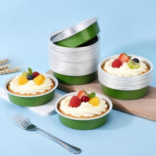 Beasea Mini Pie Tin Pan 100 Pack, 4" 7.3oz 215ml Disposable Baking Cups Only, Aluminum Foil Mini Ramekin No Lids Baking Pie Tart Pan Cheesecake Cups for Birthday Wedding Party - Avocado Green
