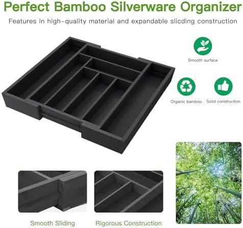 Pipishell Bamboo Expandable Silverware Drawer Organizer, Black, Medium