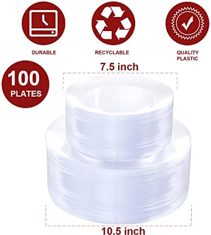 PULOTE 100Pieces Clear Plastic Plates - Premium Heavyweight Plastic Clear Disposable for Wedding&Party Include 50 Dinner & 50 Dessert/Salad Plates