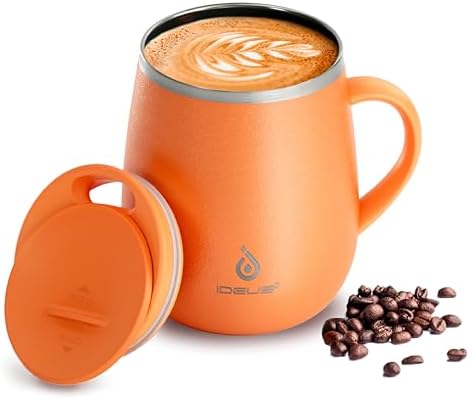 Ideus 16 oz Insulated Coffee Mug with Lid and Handle (Orange Tiger 2.0)