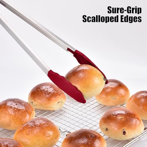 Doosu Kitchen Tongs with Silicone Tips for Cooking Serving (16in, Red)