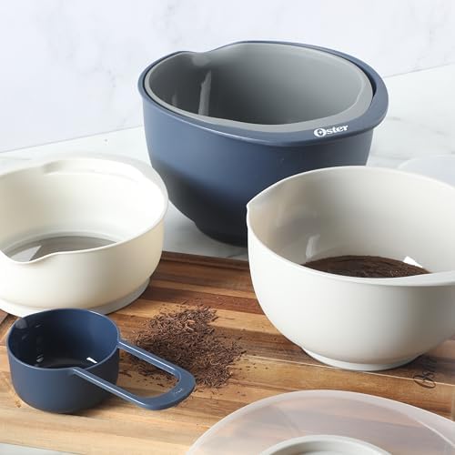 Oster 12 Piece Nesting Mixing Bowl Set, 3 Bowls with Lids & 6 Measuring Cups, Non-Slip Bases, Pour Spouts, Space-Saving Kitchen Prep Set, Dishwasher Safe