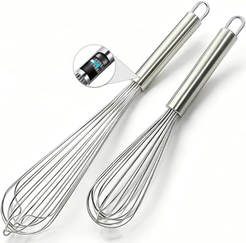 18/10 Stainless Steel Large Whisk Set of 2, 15.5 inch Heavy Duty Long Whisk and 12 inch Whisks, Suitable for Deep Pots or Big Bowl, Mixing, Beating, Blending
