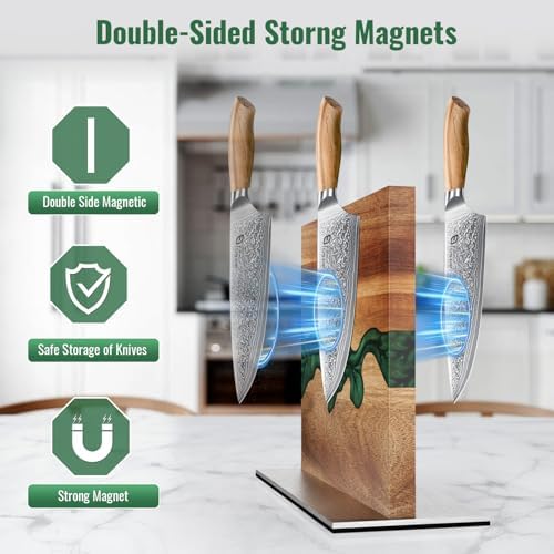Magnetic Knife Block with Sharpening Stone and Stainless Steel Magnetic Knife Strip, Emojoy Double Side Magnetic Knife Holder, Acacia Wood Knife Block and Green Resin