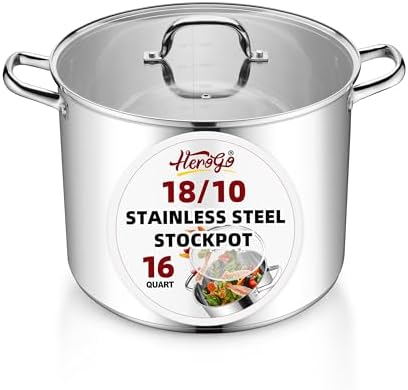 Herogo 16-Quart 18/10 Stainless Steel Stock Pot with Lid, Large Heavy Duty Soup Pot Compatible with Electric, Gas, Induction and Gas Cooktops, Non-Toxic & Corrosion Resistant, Dishwasher Safe