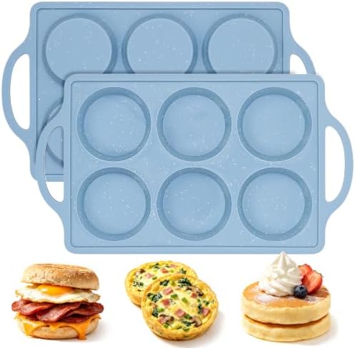 CAKETIME Muffin Top Pan Non Stick, Silicone Egg Molds for Breakfast Sandwiches 3 Inch Round Egg Baking Pan for Oven English Muffins, Whoopie Pies, Corn Bread, Tarts 2 Pack