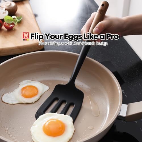 WAGENSTEIGER Set of 2pc Silicone Cooking Utensils: Wooden Handle Slotted Spatula + Cooking Ladle, Heat Resistant Cooking Utensil, BPA Free, Protects Surfaces with Gentle Head Design