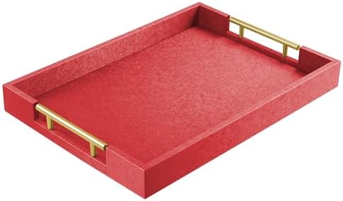 ATZYmolin 17"x12" Leather Serving Tray, Gold Handle Vanity Platter, Red