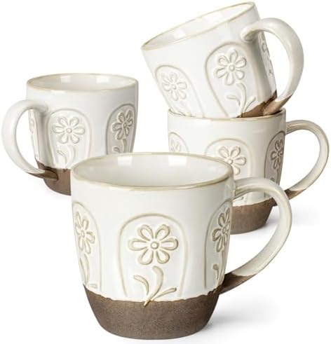 Artena Ceramic Coffee Mugs Set of 4, 16oz Embossed Large Latte Mugs Coffee Cups with Handle for Tea, Latte, Cappuccino & Cocoa, Milk Dishwasher & Microwave Safe, White (Pinwheel Flower)