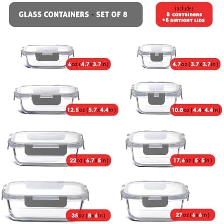 EATEX 16pc Glass Storage Containers with Lids, 8 Glass Food Storage Containers with 8 Airtight Lids for Pantry & Kitchen, Meal Prep Containers for Lunch, Oven Freezer Microwave & Dishwasher Safe