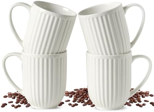 HASENSE Textured Large Coffee Mugs Set of 4, 16 Oz Ribbed Ceramic Cups with Large Handle for Latte Tea Cappuccino, Stackable Embossed Mug Set for Mom Dad, Microwave Dishwasher Safe, Creamy White
