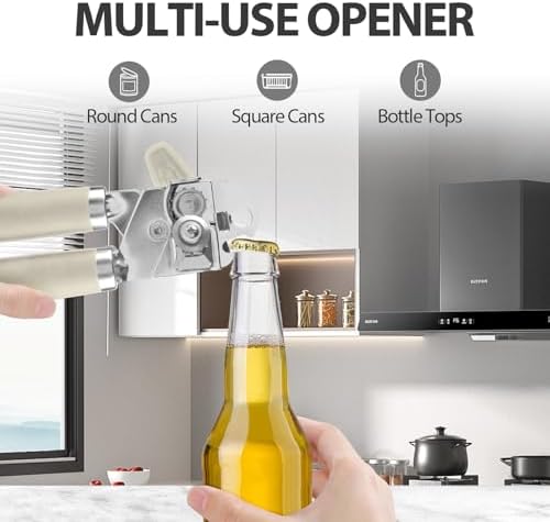 Safring Can Opener Manual, Heavy Duty Handheld Strong Can Opener with Soft Touch Handle, Sharp Blade Smooth Edge, Can Openers with Multifunctional Bottle Opener, Beige