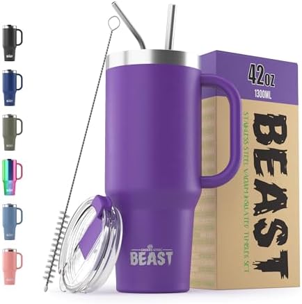 Beast 42 oz Tumbler with Handle Stainless Steel Vacuum Insulated Coffee Ice Cup Double Wall Travel Flask (Deep Purple)