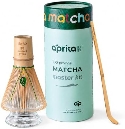Matcha Whisk Holder Set, Bamboo Chasen with Glass Stand and Scoop, 100 Prong Tea Whisk for Japanese Green Tea Powder