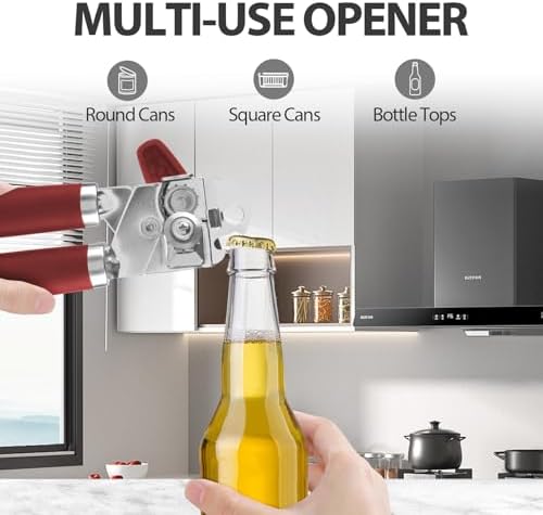Safring Can Opener Manual, Heavy Duty Handheld Strong Can Opener with Soft Touch Handle, Sharp Blade Smooth Edge, Can Openers with Multifunctional Bottle Opener, Red