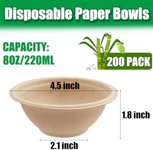 Tiaiidi 200 Pack Compostable Natural Paper Bowls,8 oz Disposable Paper Bowls,Eco-Friendly Sugarcane Bowls,Heavy Duty Small Bagasse Bowls for Salad,Snack,Soup,Party Serving Treats