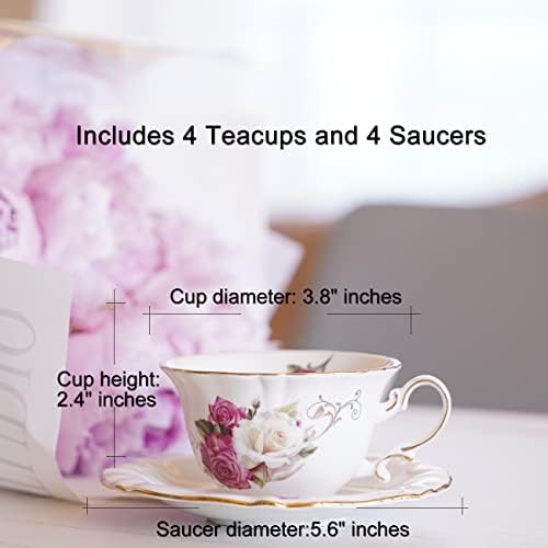 Ceramic Tea Cups Coffee Cup and Saucers Set of 4 (Rose)