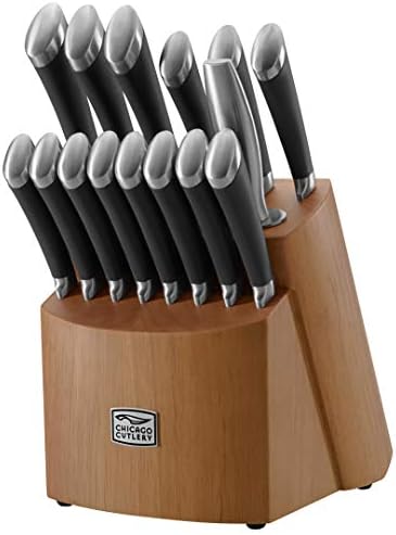 Chicago Cutlery Fusion 17 Piece Kitchen Knife Set with Wooden Storage Block, Cushion-Grip Handles with Stainless Steel Blades that Resists Stains, Rust, and Pitting