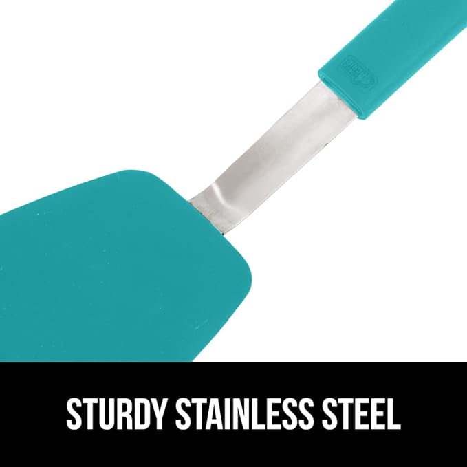 GORILLA GRIP Food Grade Flexible Silicone Spatula, 2 PK, Heat Resistant Head for Nonstick Frying Pan, Patented Soft Rubber Handle for Comfort, Non-Scratch Kitchen Turner, Flip Eggs, 11.6 in, Turquoise