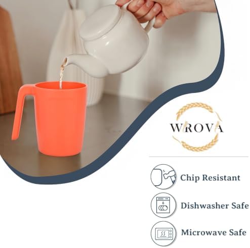 Wrova 16oz Wheat Straw Cups with handles set of 6-Plastic Cups Reusable-Unbreakable Kids Mugs-Dishwasher Safe & Microwave Safe-Ideal Plastic Mugs for Tea,Coffee,Camping,RV-Orange