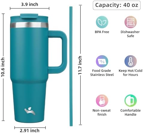 Konokyo 40 oz Insulated Tumbler Water Bottle with Handle, Straw Lid