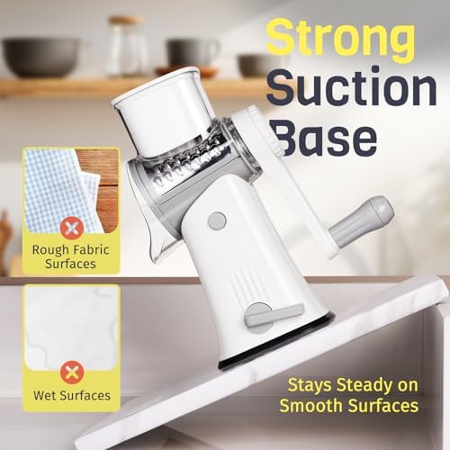 5-in-1 Rotary Cheese Grater Hand Crank, Vegetable Slicer Shredder with 5 Interchangeable Blades, Graters for Kitchen, Safe Kitchen Tool for Cheese, Nuts, Chocolate, White