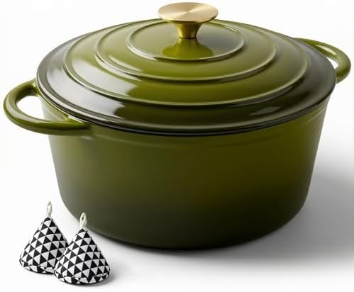 Miereirl 6 Quart Enameled Dutch Oven Pot with Lid, Cast Iron Dutch Oven with Dual Handles for Bread Baking, Cooking, Non-stick Enamel Coated Cookware, Golden Green
