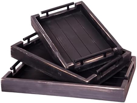 3Pc Rustic Black Vintage Nested Wood Serving Trays, Decorative