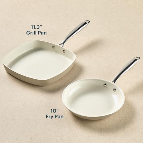 Pyrex 2-Piece Ceramic Cookware Grill & Fry Pan Set, Stainless Steel Handles