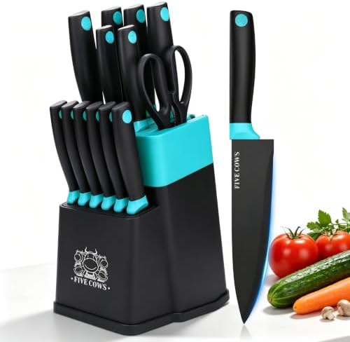 14 Pcs Kitchen Knife Block Set with Sharpener (Green)