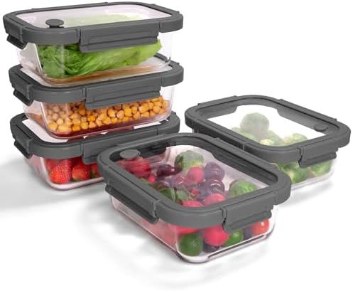 5-Pack Borosilicate Glass Containers with Tempered Glass Lids, 35.2oz/4.4 Cup Airtight Meal Prep Set, Microwave/Freezer Safe (Gray)
