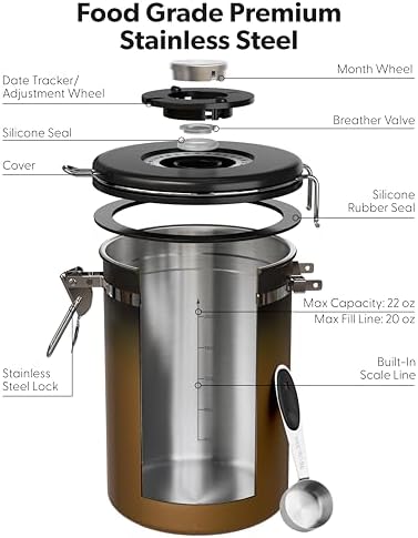 Veken Coffee Canister with Window, Airtight Stainless Steel Container,Date Tracker, Kitchen Food Storage Jars for Beans, Ground, Espresso, Rice,Tea,Sugar, Cereal, Gifts, Scoop,Copper, 22OZ (Pack of 2)