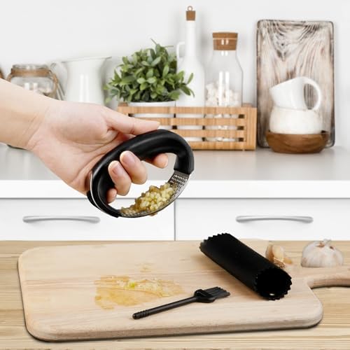 Garlic Press Rocker - Rust Proof & Dishwasher Safe Garlic Mincer, Stainless Steel Garlics Crusher Chopper Set with Peeler Brush, Easy to Clean and Squeeze, Masher for Garlics, Ginger, Spices