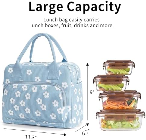 Lunch Bag Women Lunch Box for Women Adult Cute Insulated Lunch Bag Lager Cooler Lunch Tote Bags for Work Picnic (Blue-Flower)
