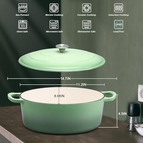 Leonyo 7QT Enameled Cast Iron Oval Dutch Oven Pot with Lid, Pistachio Green