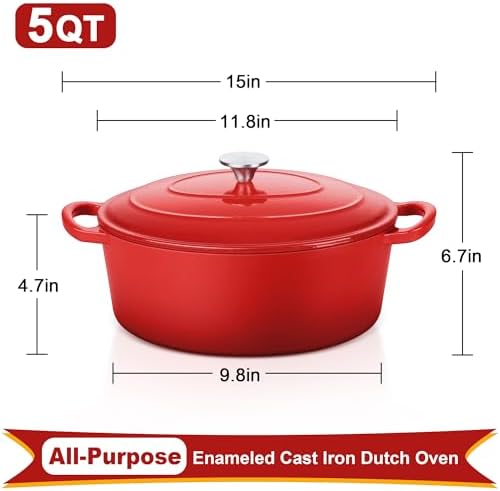 E-far 5QT Oval Dutch Oven Pot with Lid, Red Enameled Cast Iron Dutch Oven