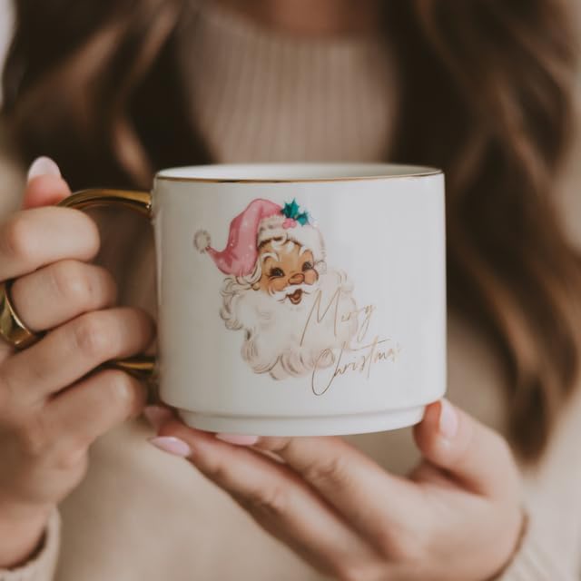 Sweet Water Decor Santa Coffee Mug, 14oz China Christmas Mug with Gold Handle, Large Holiday Winter Cup for Coffee, Tea & Hot Chocolate, Stocking Stuffer Gifts for Women