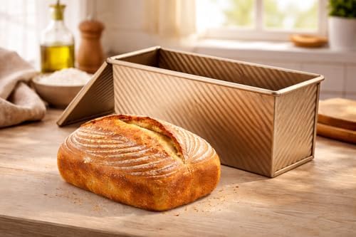 13 x 5 Inch Pullman Loaf Pan with Lid, 2.2lb Aluminized Steel Nonstick Bread Pan for Sandwich Bread, Long Bread Loaf Pan with Dough Scraper Cutter