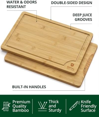 ROYAL CRAFT WOOD Wooden Cutting Boards for Kitchen Meal Prep & Serving - Bamboo Wood Serving Board Set with Deep Juice Groove Side Handles - Charcuterie & Chopping Butcher Block for Meat