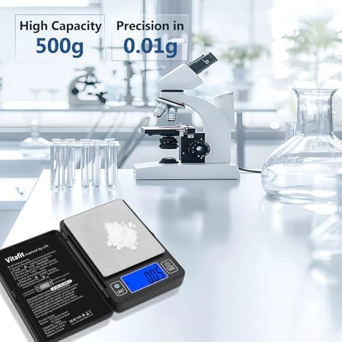 Vitafit 500g Digital Gram Scale in 0.01g, High Accuracy Assured by Built-in Level Bubble, Scale Professional Since 2001, Pocket Scale for Multi-Function: Kitchen, Food, Jewelry, Lab, Coffee, Black