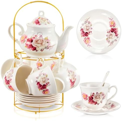 Zhehao 20 Pcs Porcelain Tea Set for Adult, with Metal Holder, Grace