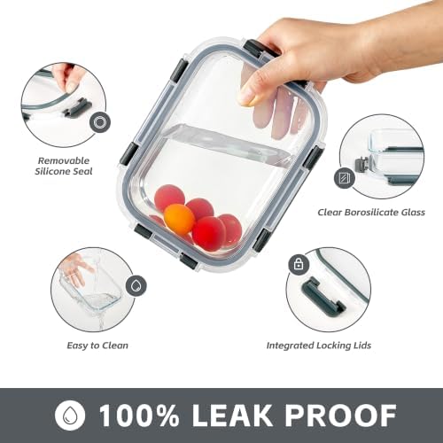 6-Pack 22oz Glass Meal Prep Containers with Lids, Airtight Leakproof Snap Lock Food Storage, Freezer, Microwave, Oven & Dishwasher Safe Bento Boxes for Meal Prepping, Grey