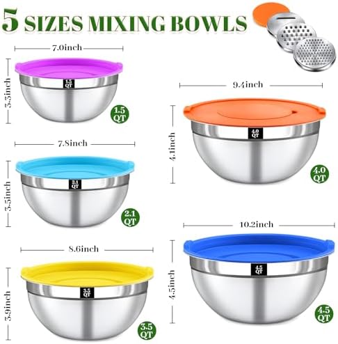 8PCS Mixing Bowls with Lids Set - 5 Nesting Mixing Bowls, 3 Grater Attachments, Lids, Stainless Steel Mixing Bowls for Mixing & Serving, Size 1.5/2.1/3.5/4/4.5 QT, Colorful