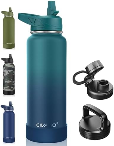 CIVAGO 40 oz Insulated Stainless Steel Water Bottle With Straw and 3 Lids